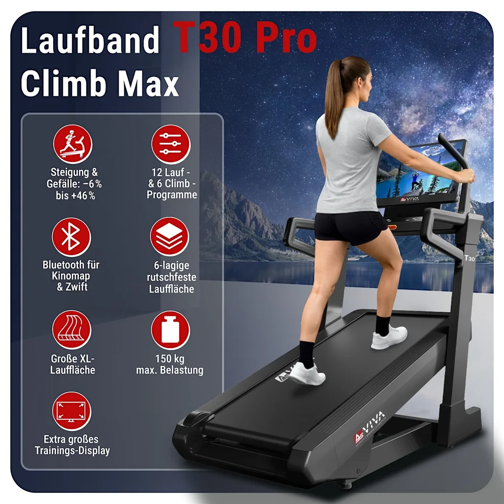 Detailansicht des AsVIVA Laufbands T30 Pro Max Climb Marathon mit Blick auf die hochwertige Verarbeitung