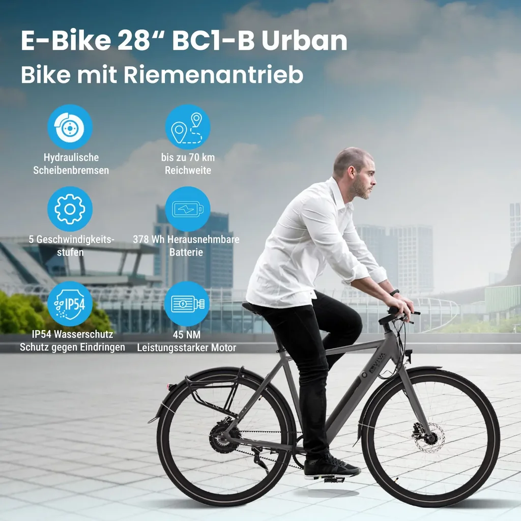 AsVIVA BC1B – 28 Zoll Urban E-Bike mit Riemenantrieb, 70 km Reichweite und 250 W Motor