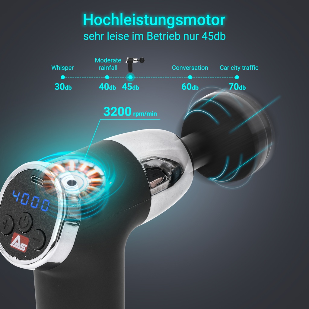 Der kraftvolle bürstenlose Motor der AsVIVA Massagepistole MGN2 in Schwarz im Detail